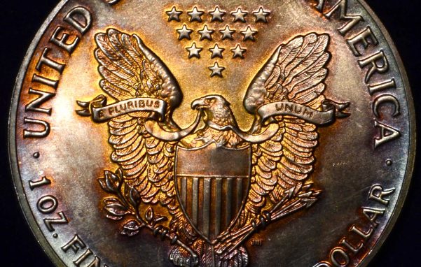 A silver eagle with rare and beautiful tone patterns. An excellent example of a piece fit for coin collecting.